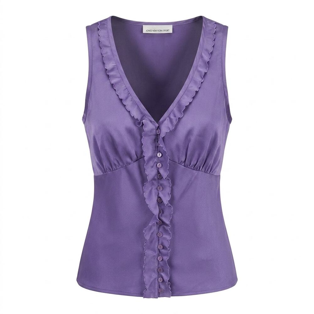 Jones New York Sport Purple Satin Ruffle V-Neck Blouse Women Size S